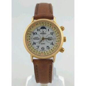 Vtg Womens Peugeot 28mm Quartz Perpetual Calendar Moon Phase Watch - New Battery